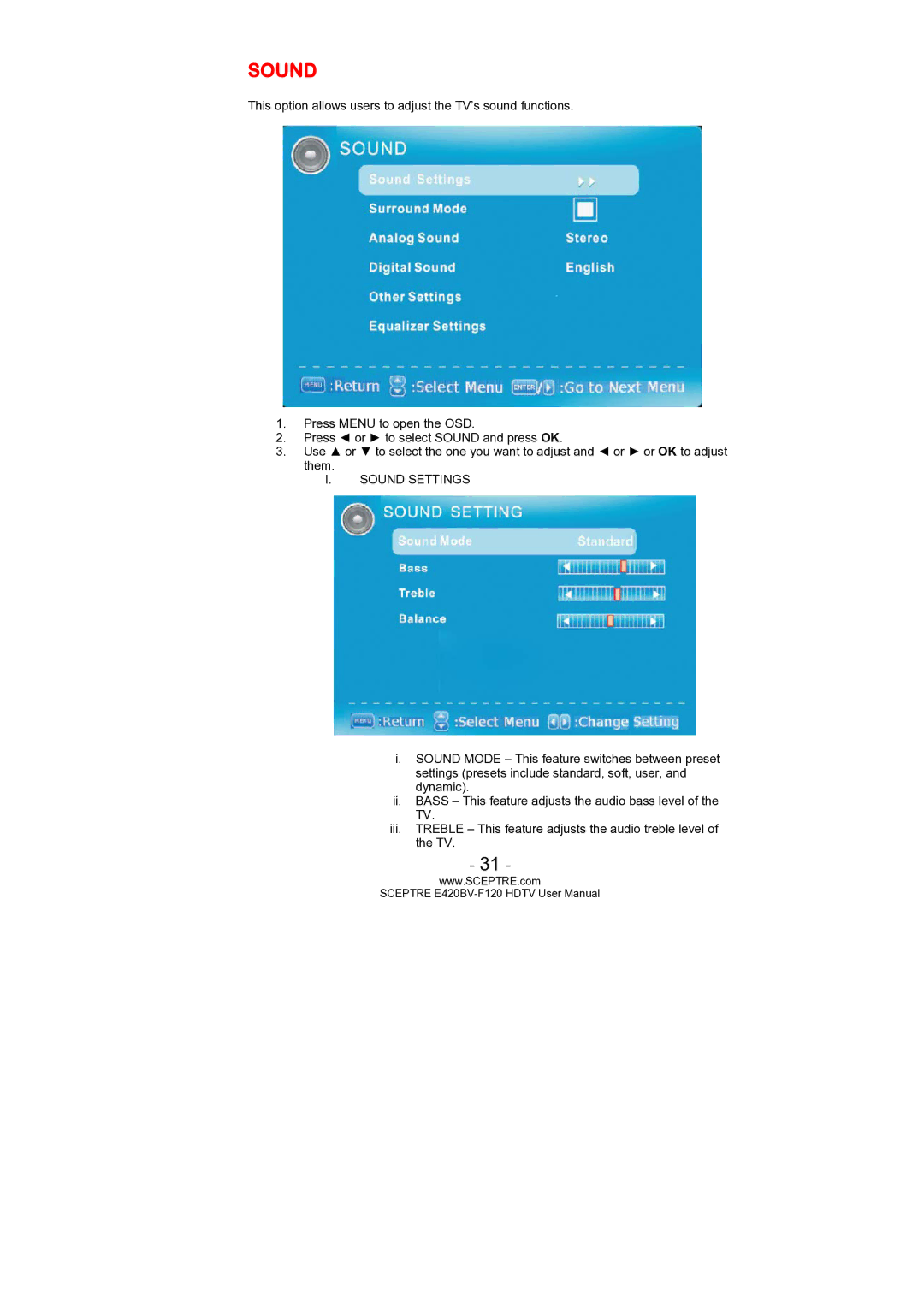 Sceptre Technologies E420BV-F120 user manual Sound Settings 