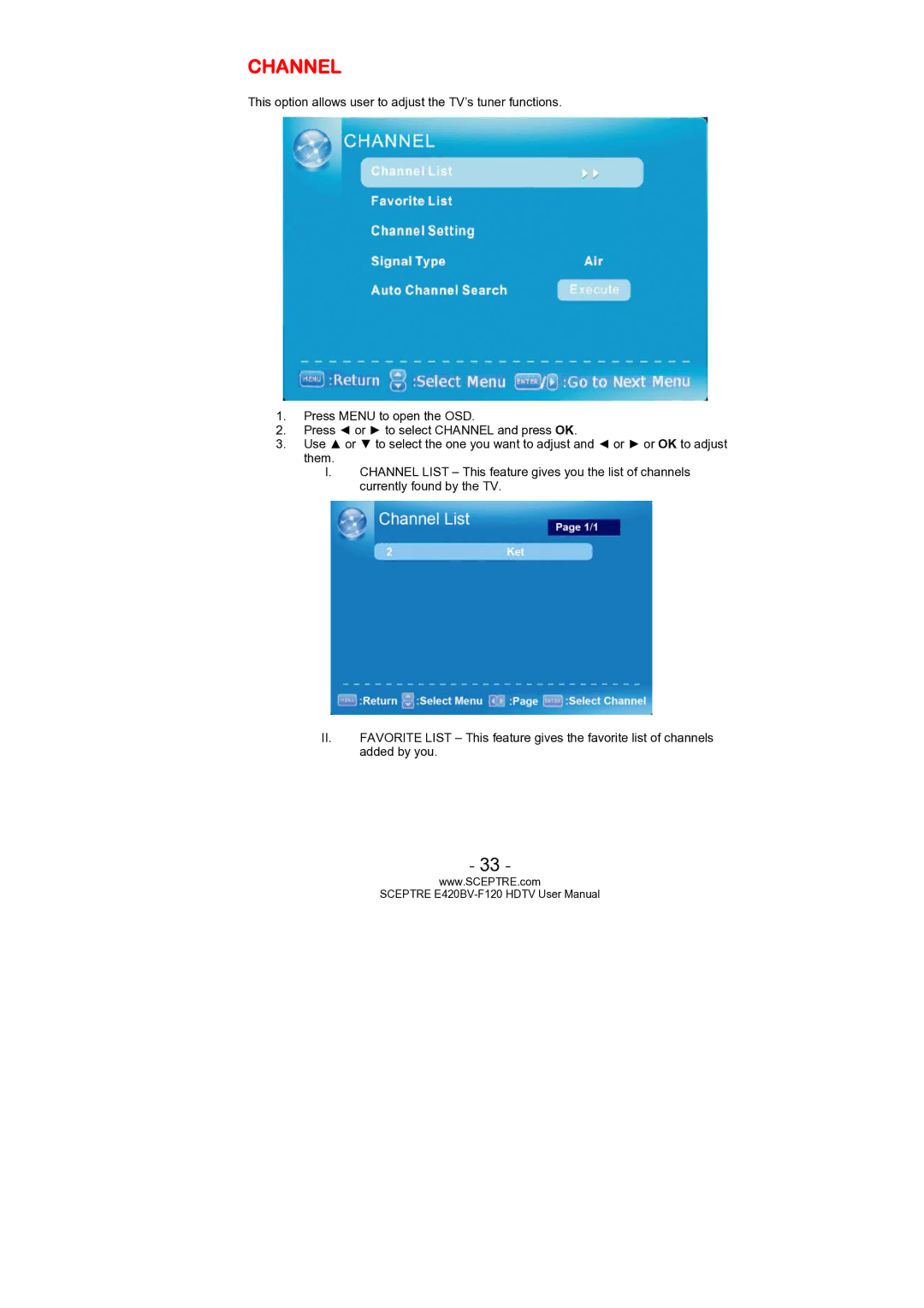 Sceptre Technologies E420BV-F120 user manual Channel 