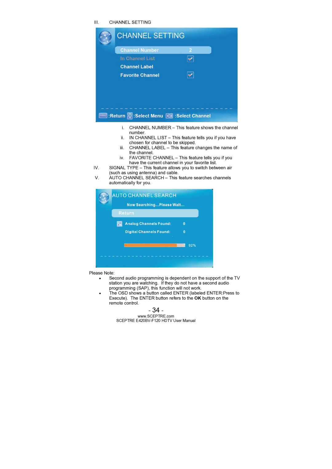 Sceptre Technologies E420BV-F120 user manual III. Channel Setting 