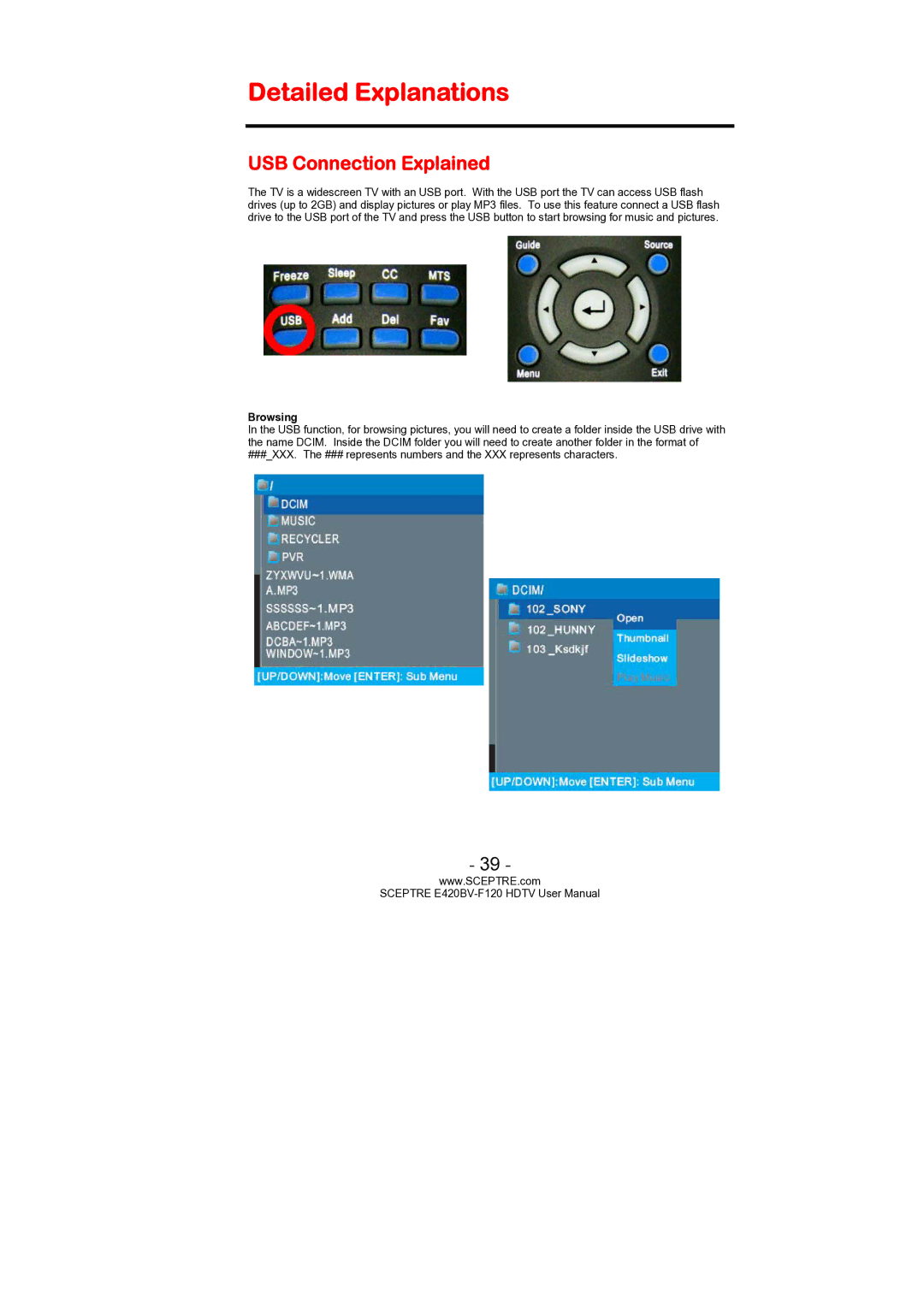 Sceptre Technologies E420BV-F120 user manual Detailed Explanations, USB Connection Explained, Browsing 