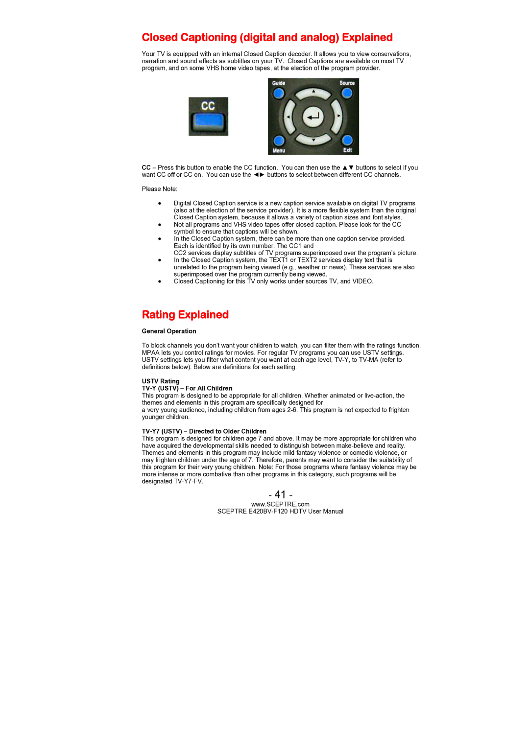 Sceptre Technologies E420BV-F120 Closed Captioning digital and analog Explained, Rating Explained, General Operation 