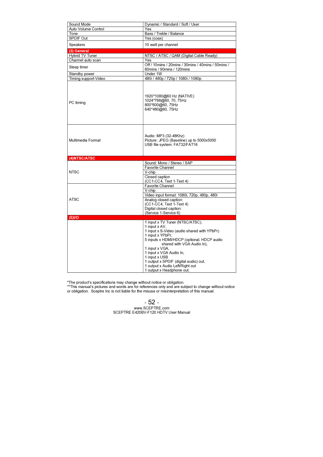 Sceptre Technologies E420BV-F120 user manual 4NTSC/ATSC 