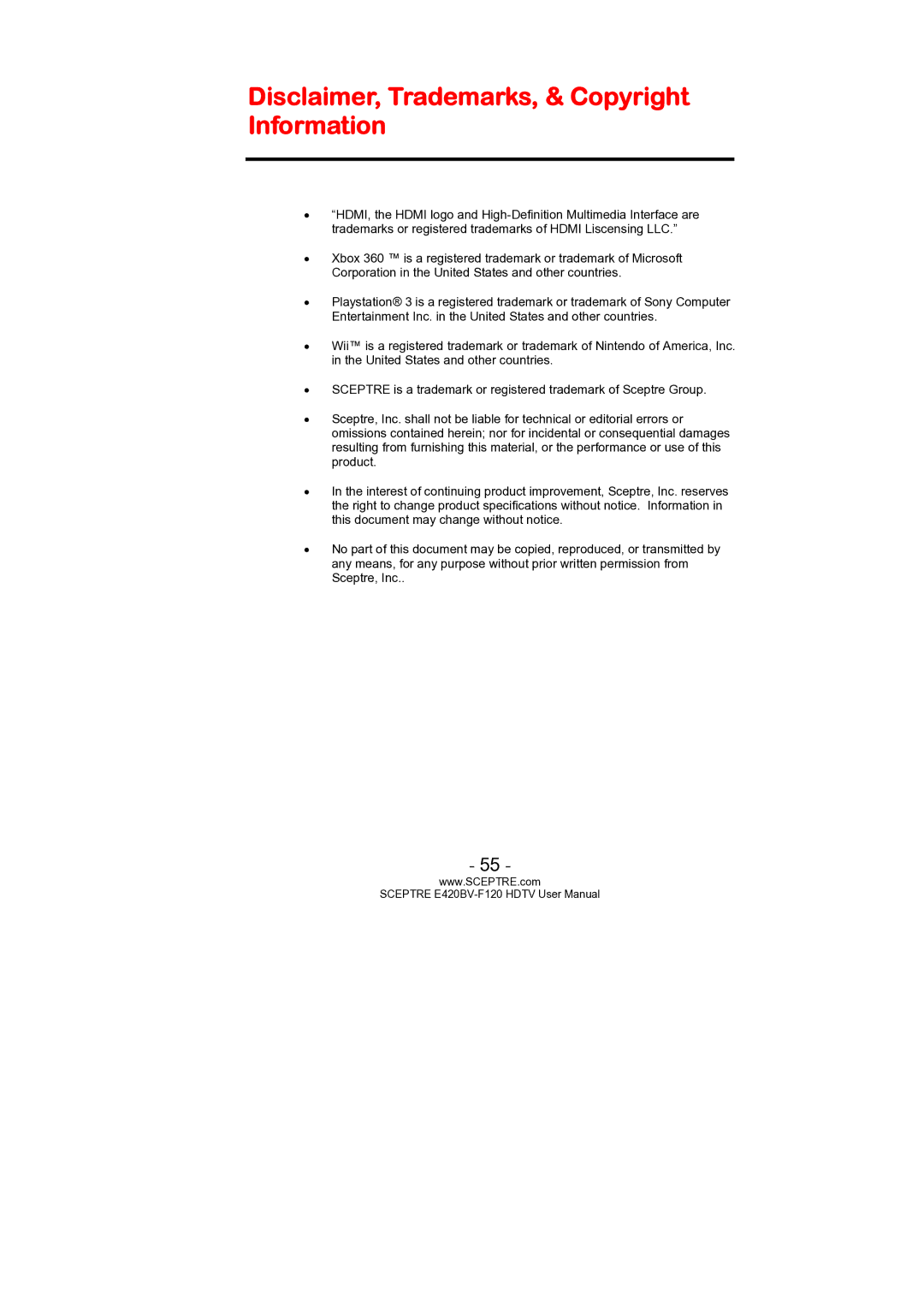 Sceptre Technologies E420BV-F120 user manual Disclaimer, Trademarks, & Copyright Information 