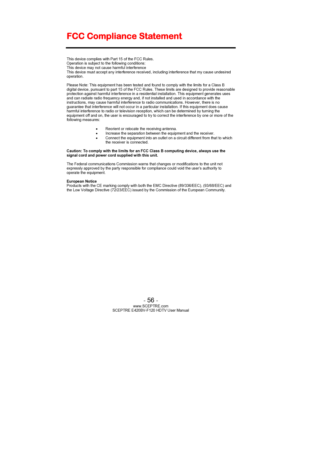 Sceptre Technologies E420BV-F120 user manual FCC Compliance Statement, European Notice 