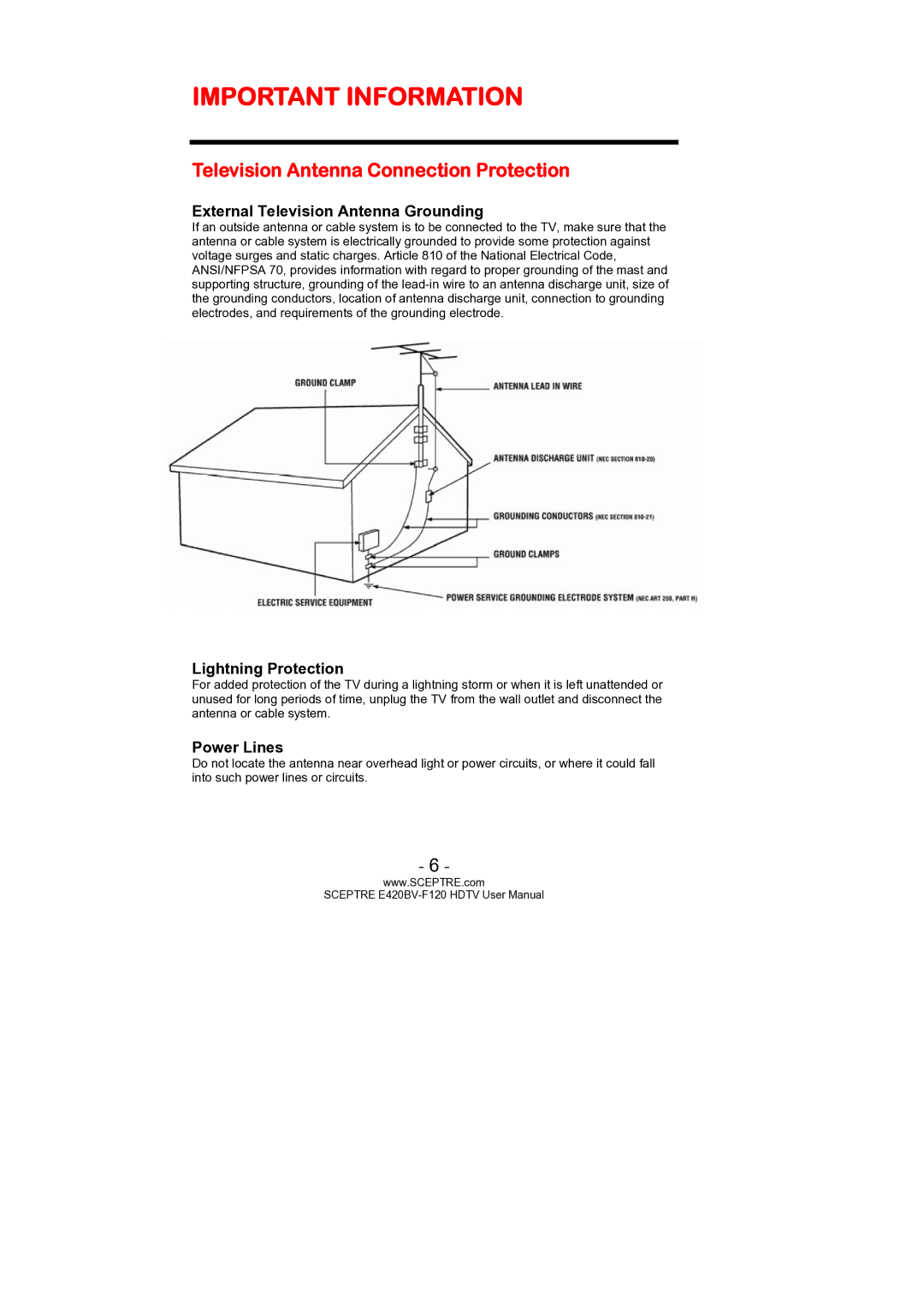 Sceptre Technologies E420BV-F120 Television Antenna Connection Protection, External Television Antenna Grounding 