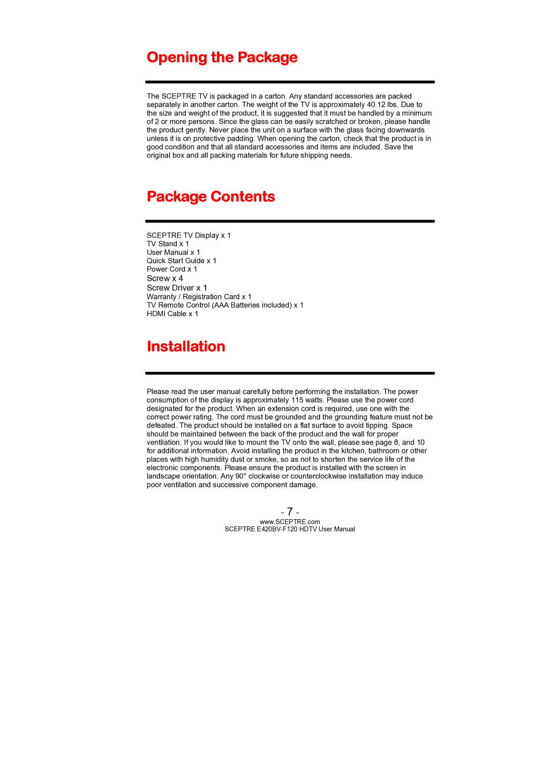 Sceptre Technologies E420BV-F120 user manual Opening the Package, Package Contents, Installation 