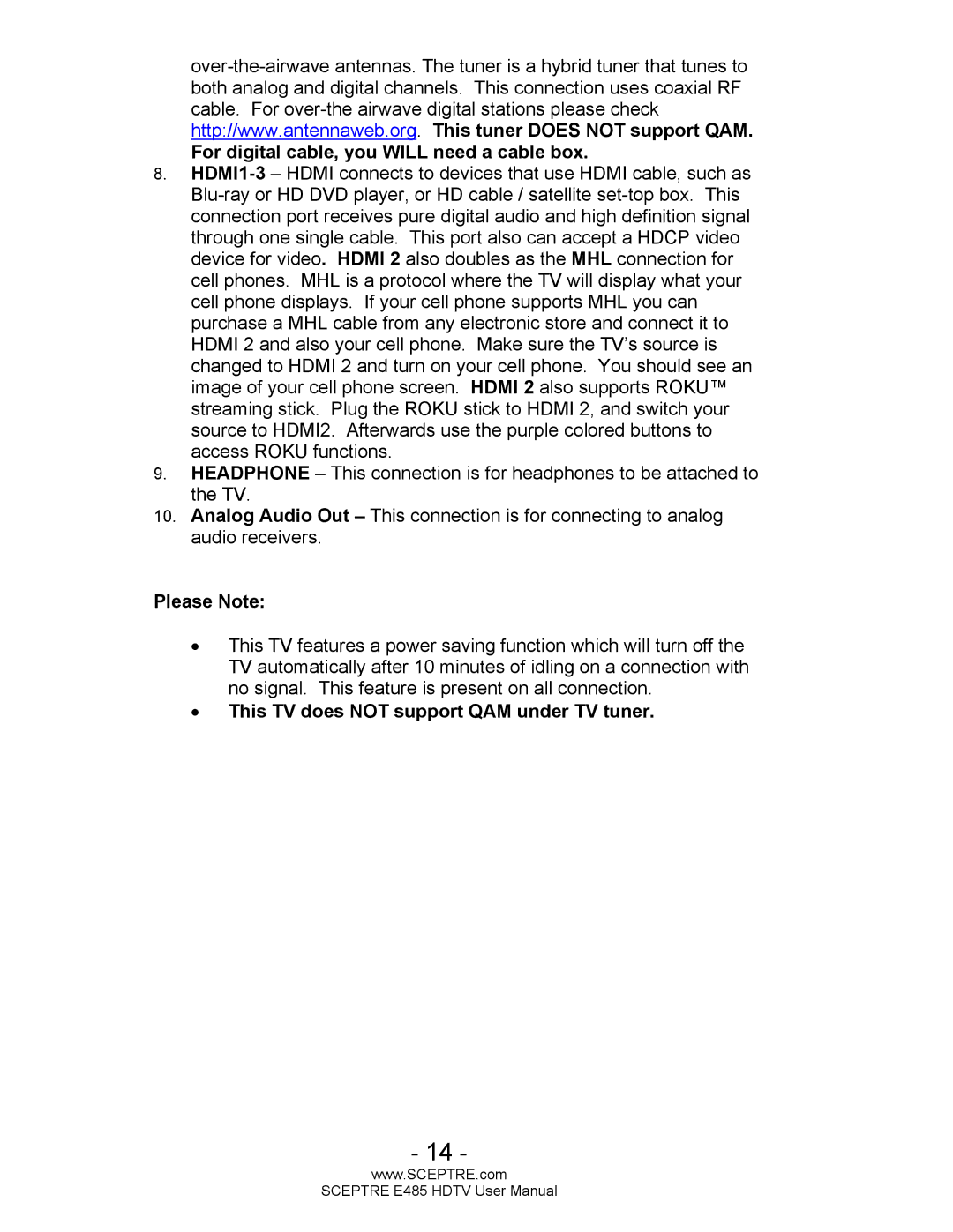 Sceptre Technologies E485 user manual This TV does not support QAM under TV tuner 