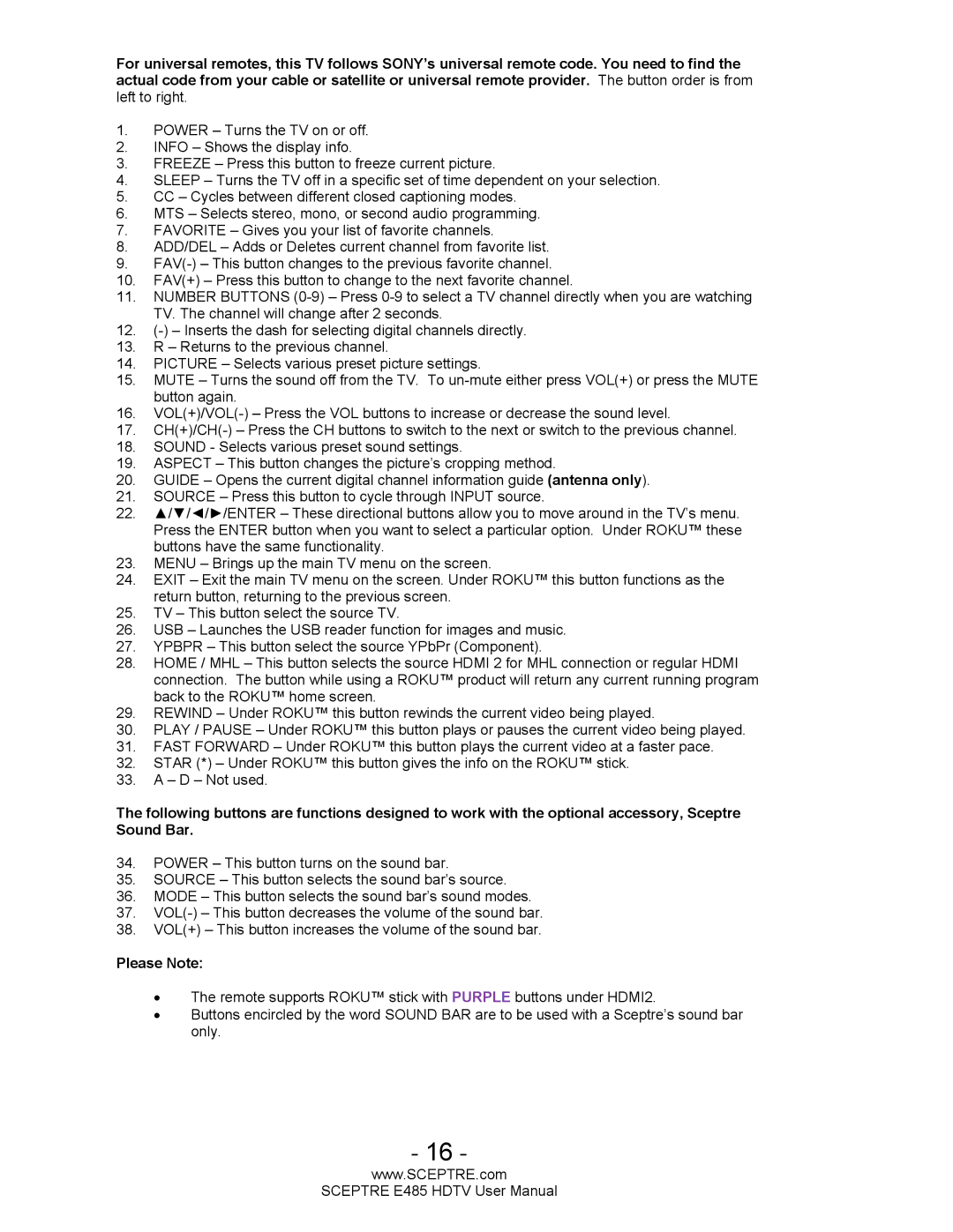 Sceptre Technologies E485 user manual Please Note 