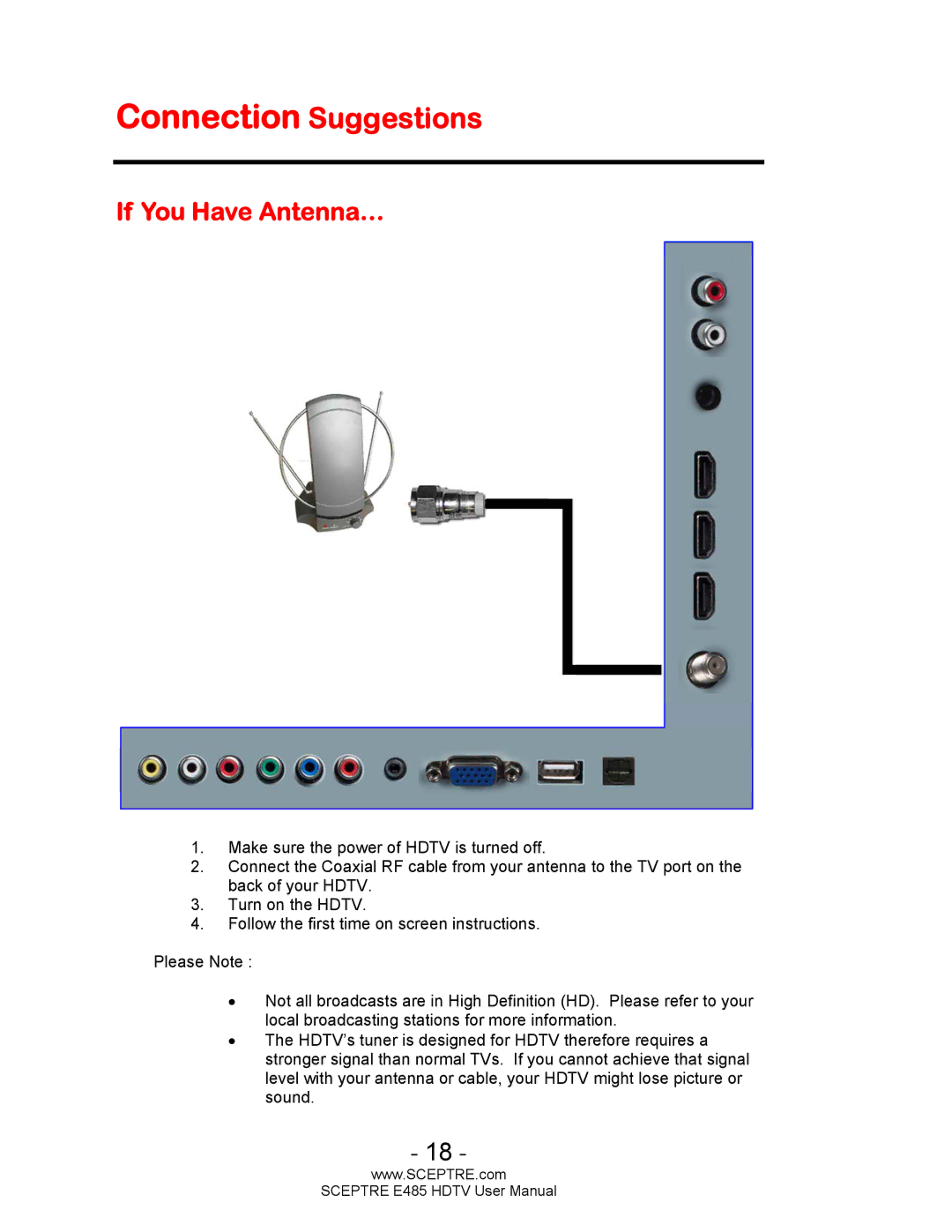 Sceptre Technologies E485 user manual Connection Suggestions, If You Have Antenna… 