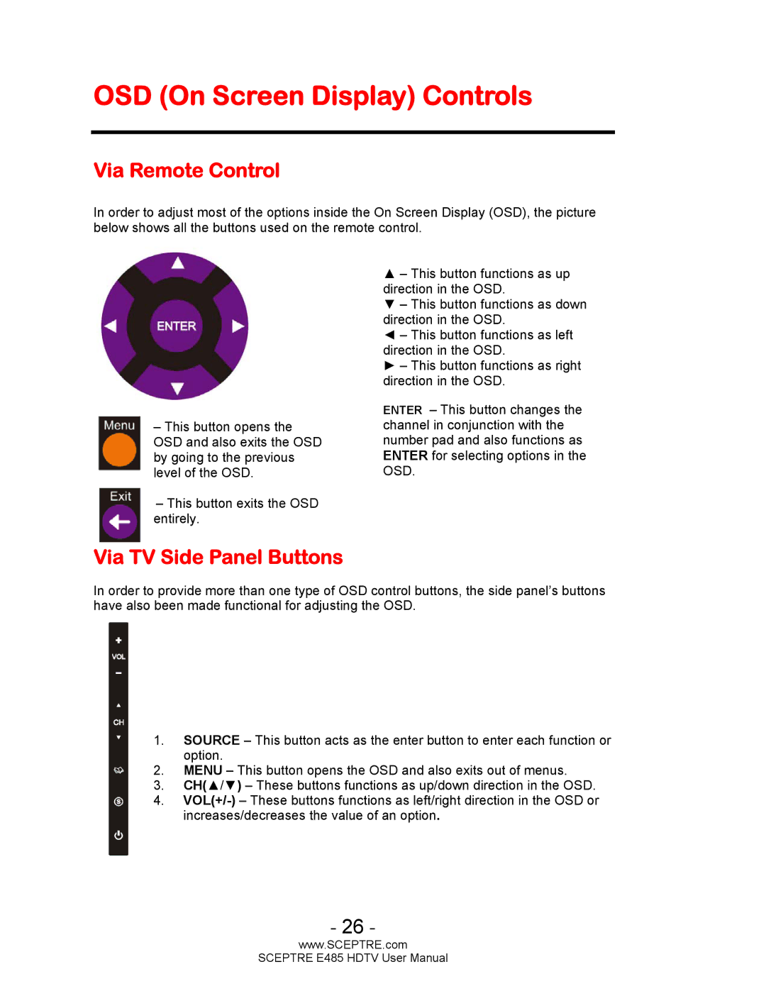 Sceptre Technologies E485 user manual OSD On Screen Display Controls, Via Remote Control, Via TV Side Panel Buttons 