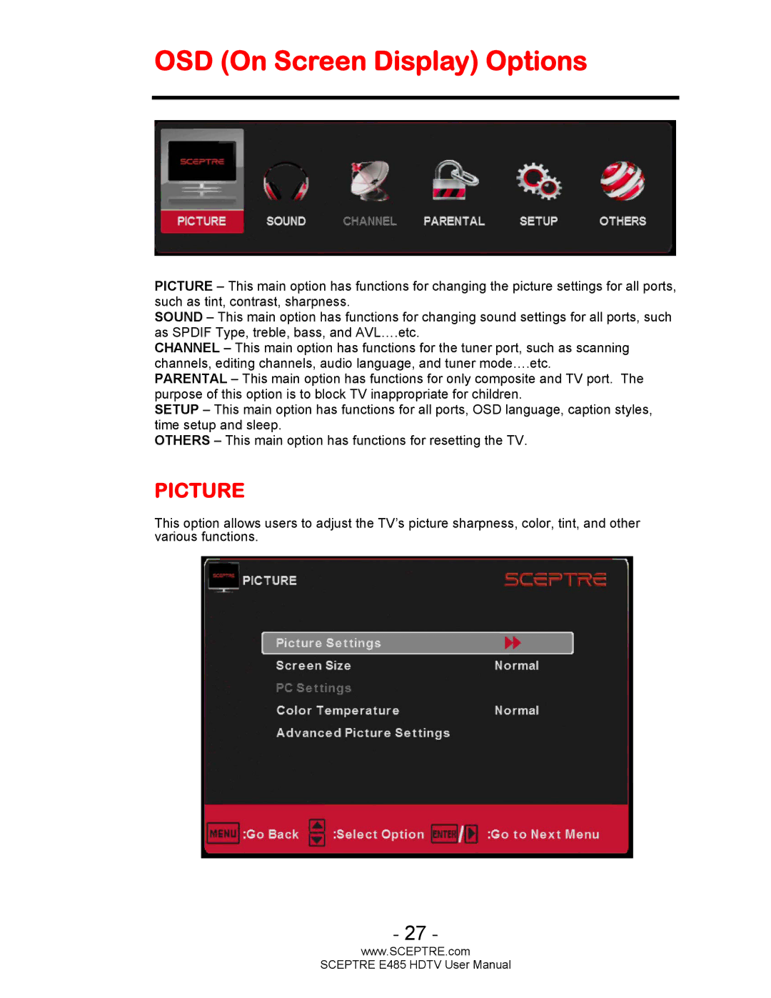 Sceptre Technologies E485 user manual OSD On Screen Display Options, Picture 