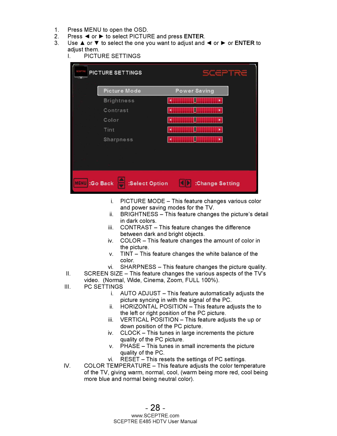 Sceptre Technologies E485 user manual Picture Settings, III. PC Settings 