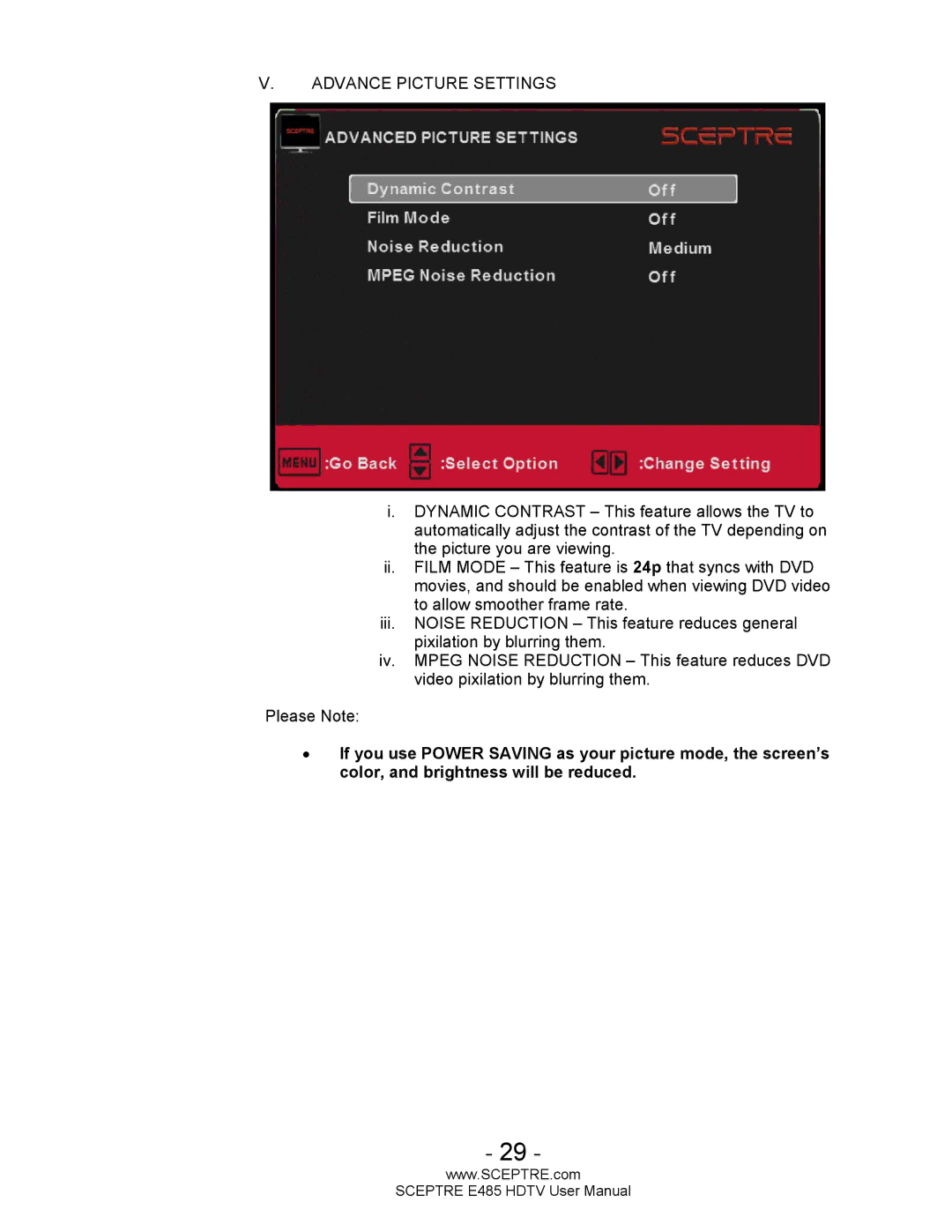 Sceptre Technologies E485 user manual Advance Picture Settings 