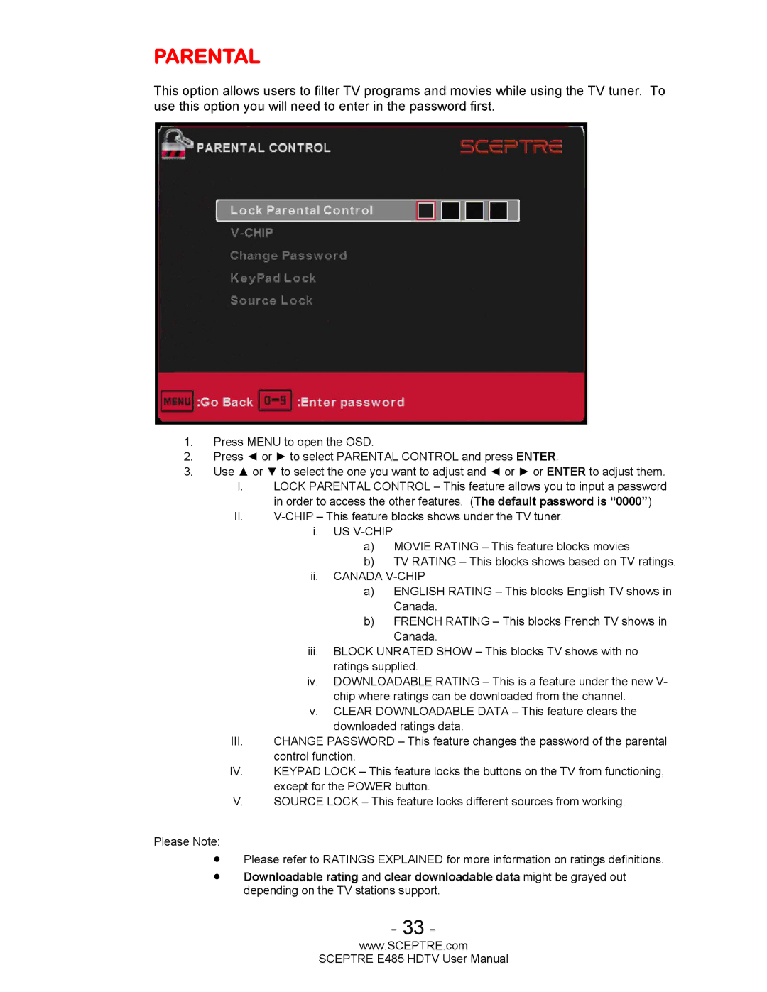 Sceptre Technologies E485 user manual Parental 