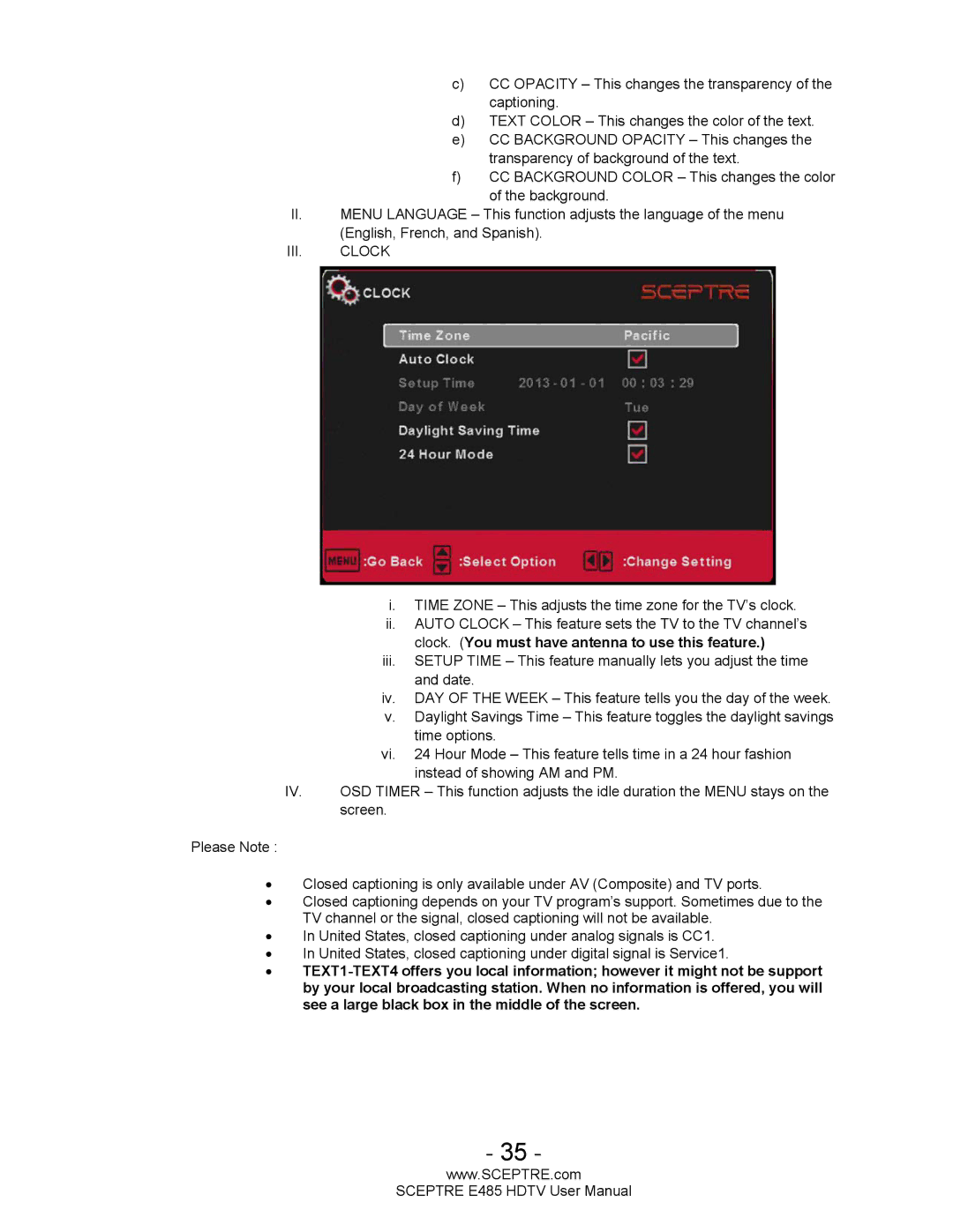 Sceptre Technologies E485 user manual Clock. You must have antenna to use this feature 