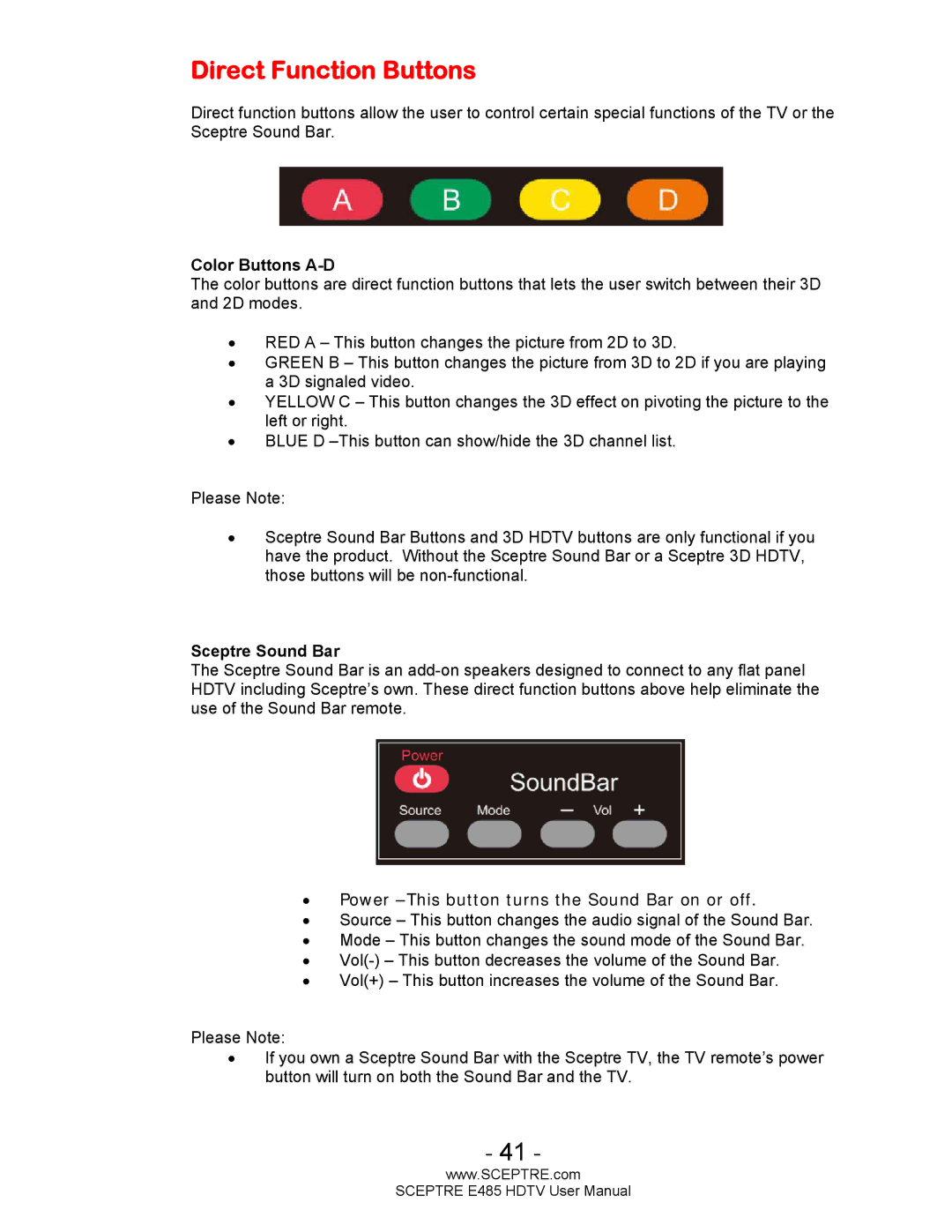 Sceptre Technologies E485 user manual Direct Function Buttons, Color Buttons A-D 