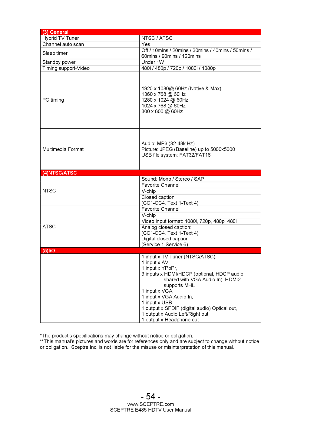 Sceptre Technologies E485 user manual 4NTSC/ATSC 