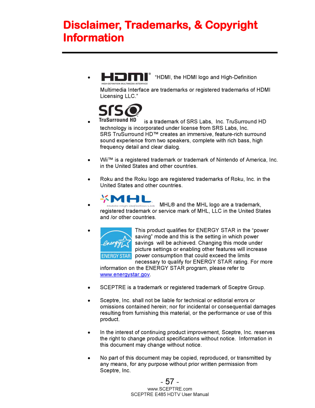 Sceptre Technologies E485 user manual Disclaimer, Trademarks, & Copyright Information 