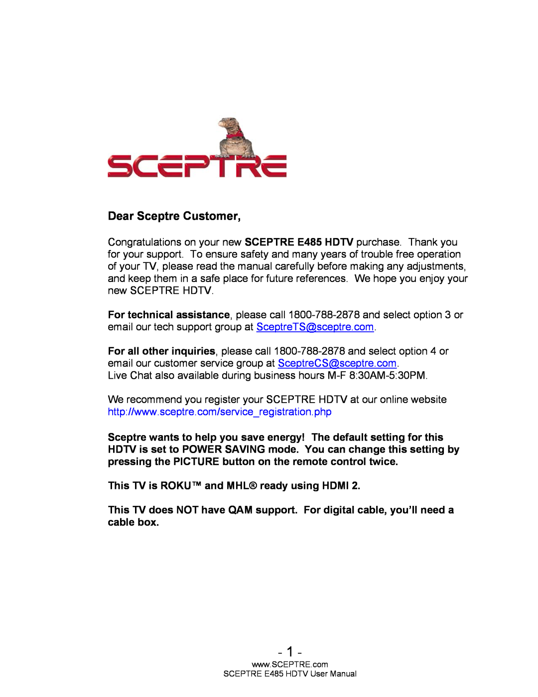 Sceptre Technologies E485 user manual Dear Sceptre Customer 