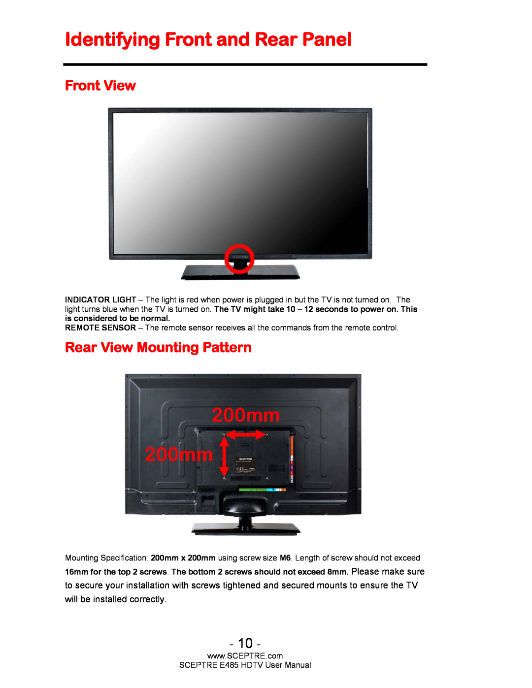 Sceptre Technologies E485 user manual Identifying Front and Rear Panel, Front View, Rear View Mounting Pattern 
