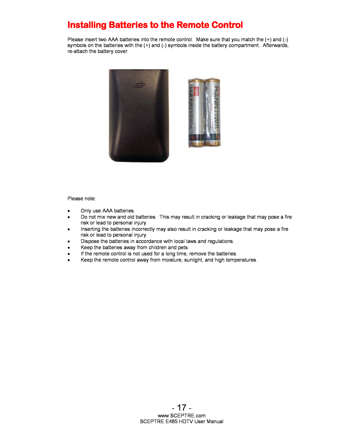 Sceptre Technologies E485 user manual Installing Batteries to the Remote Control 