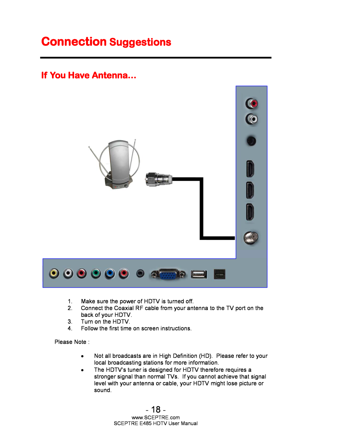 Sceptre Technologies E485 user manual Connection Suggestions, If You Have Antenna… 