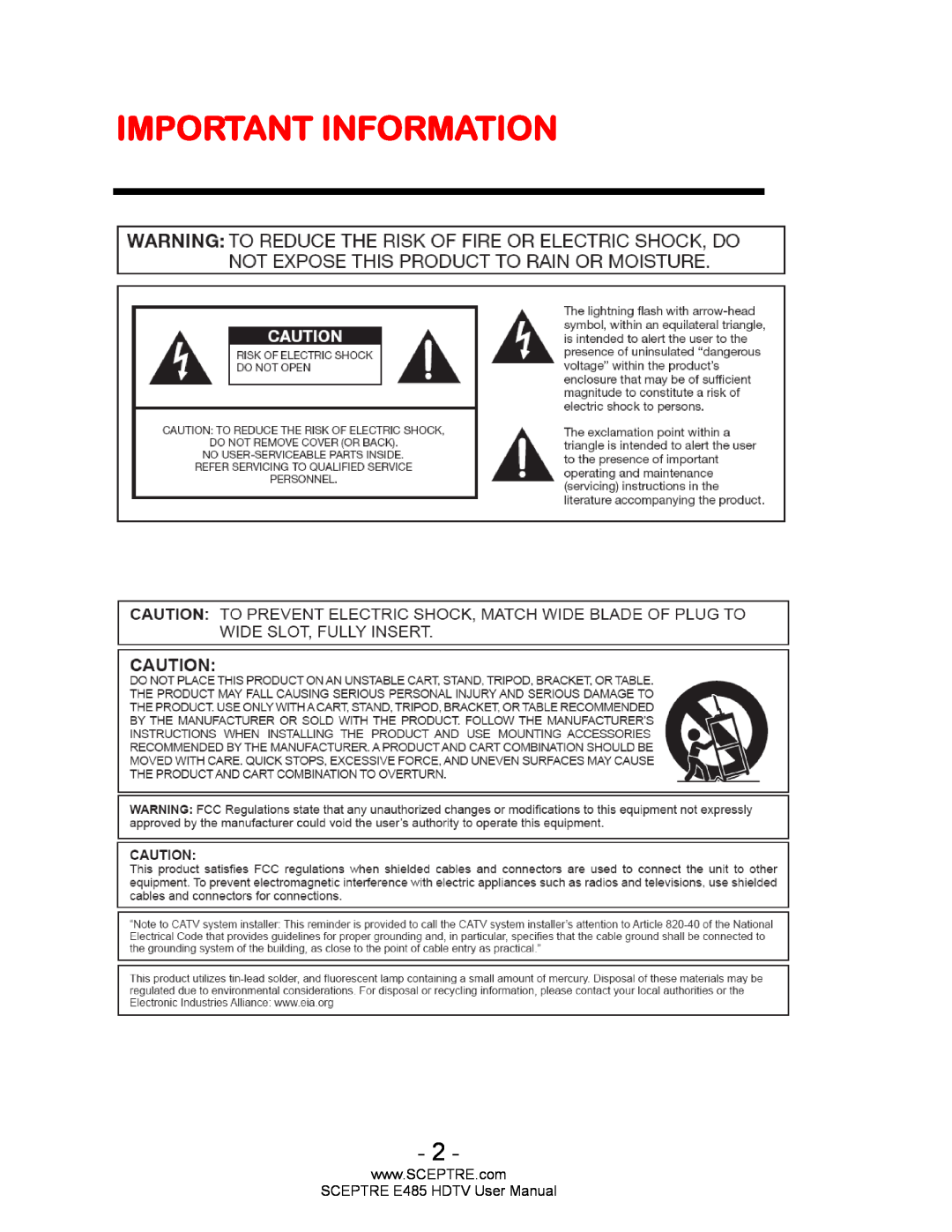 Sceptre Technologies user manual Important Information, SCEPTRE E485 HDTV User Manual 