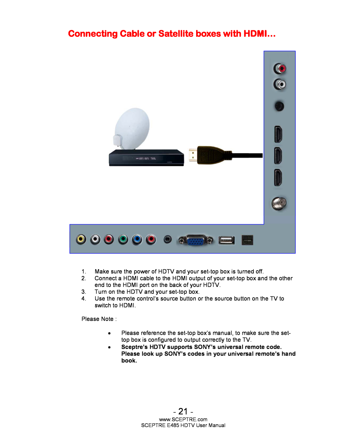 Sceptre Technologies E485 user manual Connecting Cable or Satellite boxes with HDMI… 
