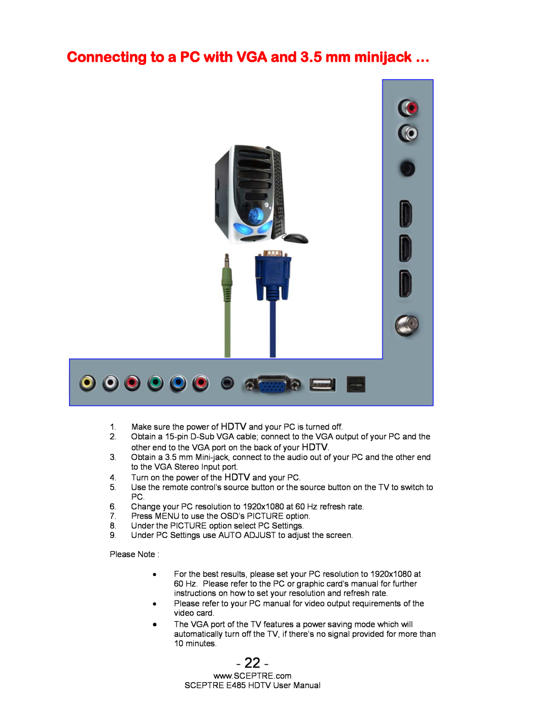 Sceptre Technologies E485 user manual Connecting to a PC with VGA and 3.5 mm minijack … 