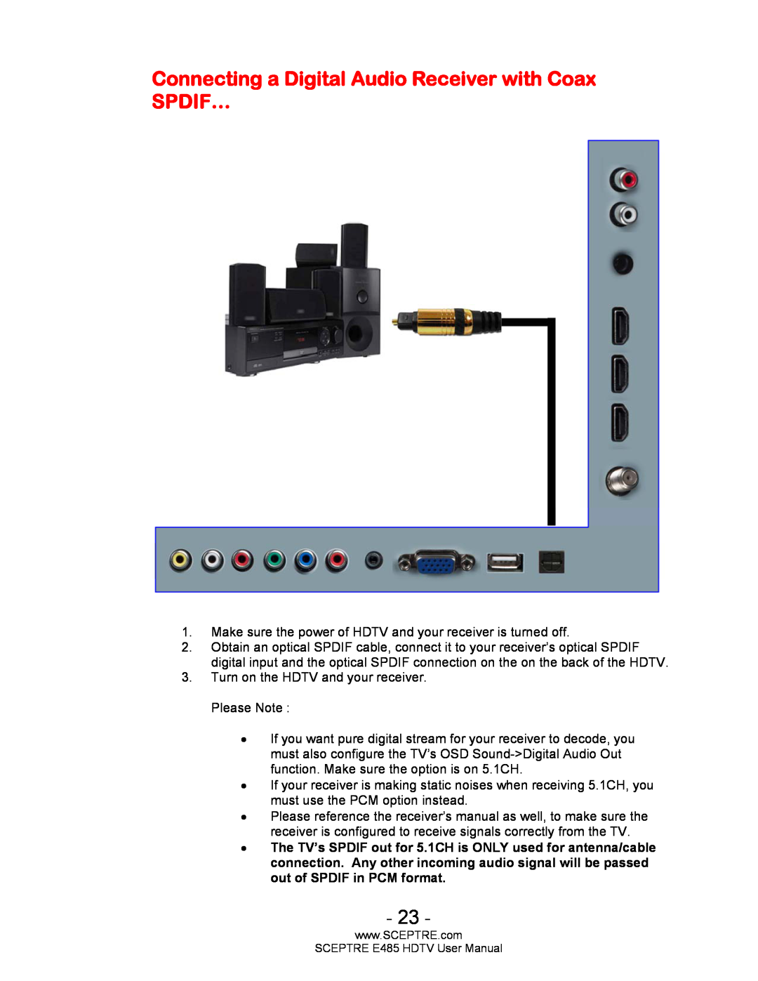 Sceptre Technologies E485 user manual Connecting a Digital Audio Receiver with Coax SPDIF… 