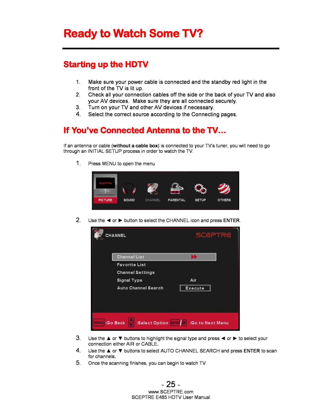 Sceptre Technologies E485 user manual Ready to Watch Some TV?, Starting up the HDTV, If You’ve Connected Antenna to the TV… 