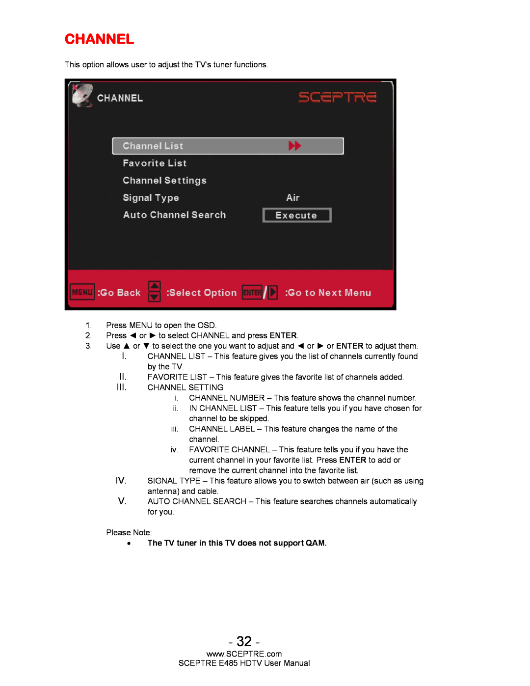 Sceptre Technologies E485 user manual Channel, The TV tuner in this TV does not support QAM 