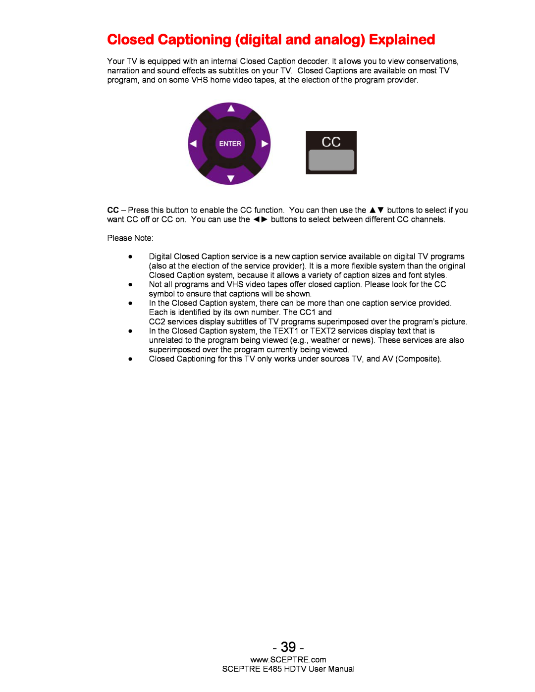Sceptre Technologies E485 user manual Closed Captioning digital and analog Explained 