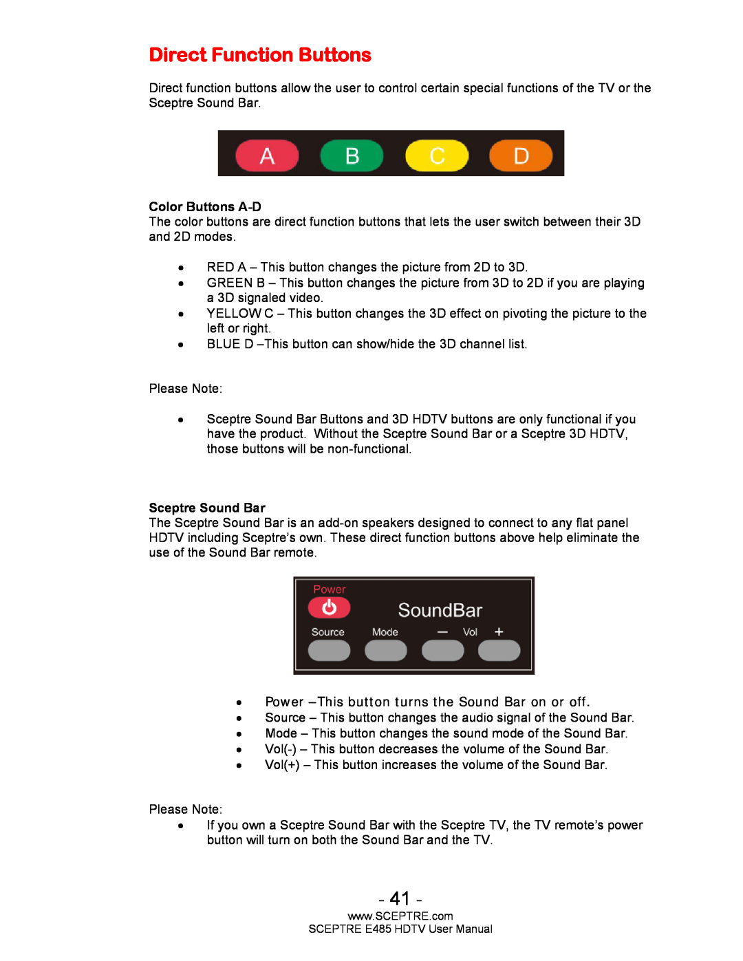 Sceptre Technologies E485 user manual Direct Function Buttons, Color Buttons A-D, Sceptre Sound Bar 