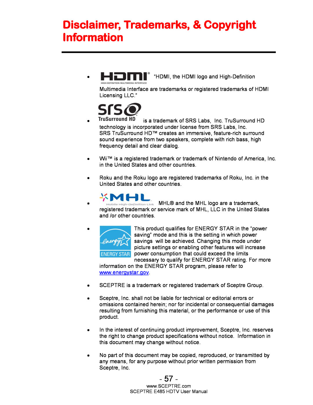Sceptre Technologies E485 user manual Disclaimer, Trademarks, & Copyright Information 