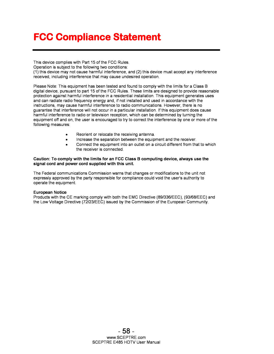 Sceptre Technologies E485 user manual FCC Compliance Statement, European Notice 