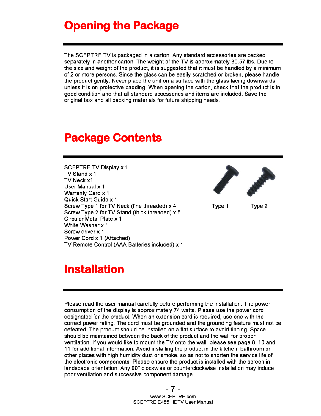 Sceptre Technologies E485 user manual Opening the Package, Package Contents, Installation 