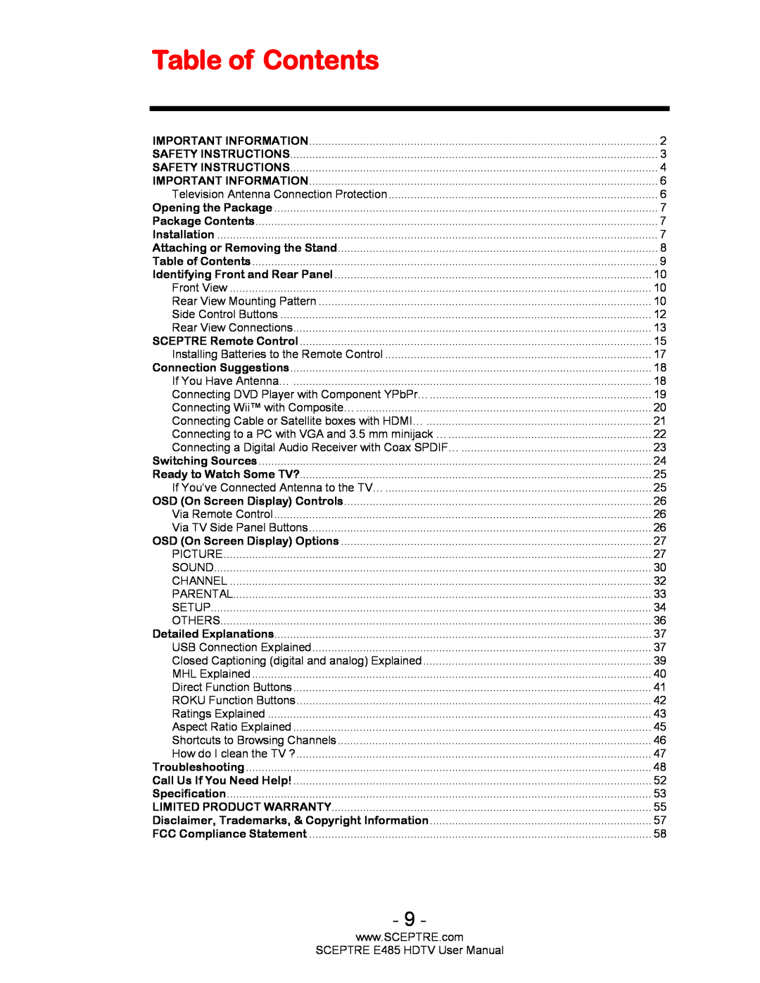Sceptre Technologies E485 user manual Table of Contents, Disclaimer, Trademarks, & Copyright Information 