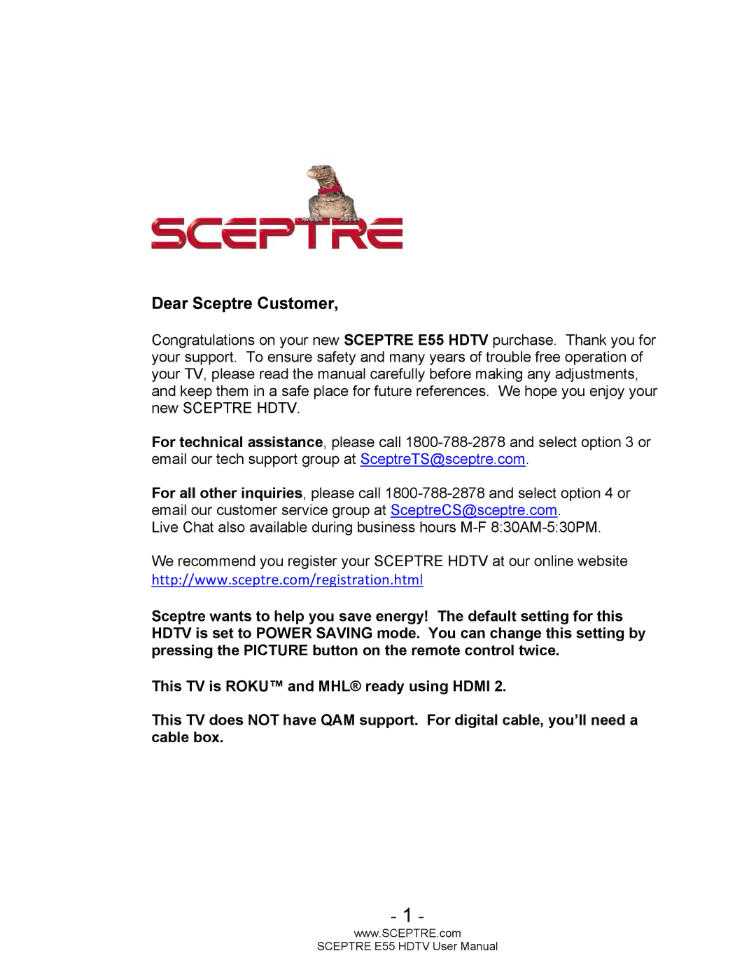 Sceptre Technologies E55 user manual Dear Sceptre Customer 