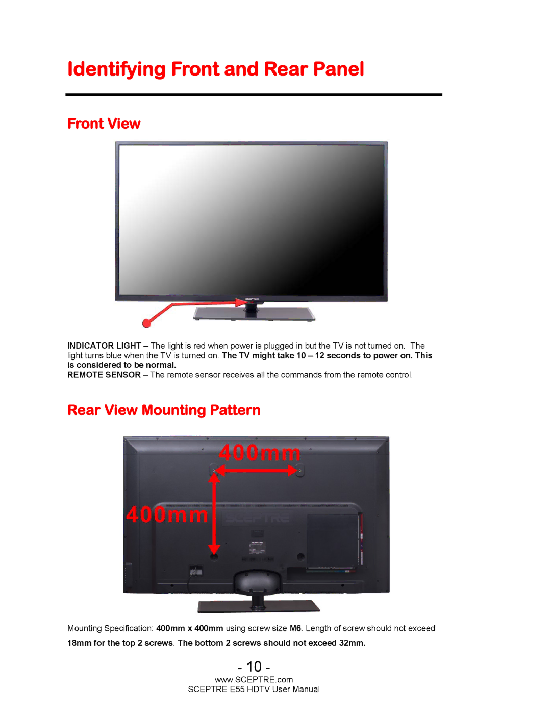 Sceptre Technologies E55 user manual Identifying Front and Rear Panel, Front View, Rear View Mounting Pattern 