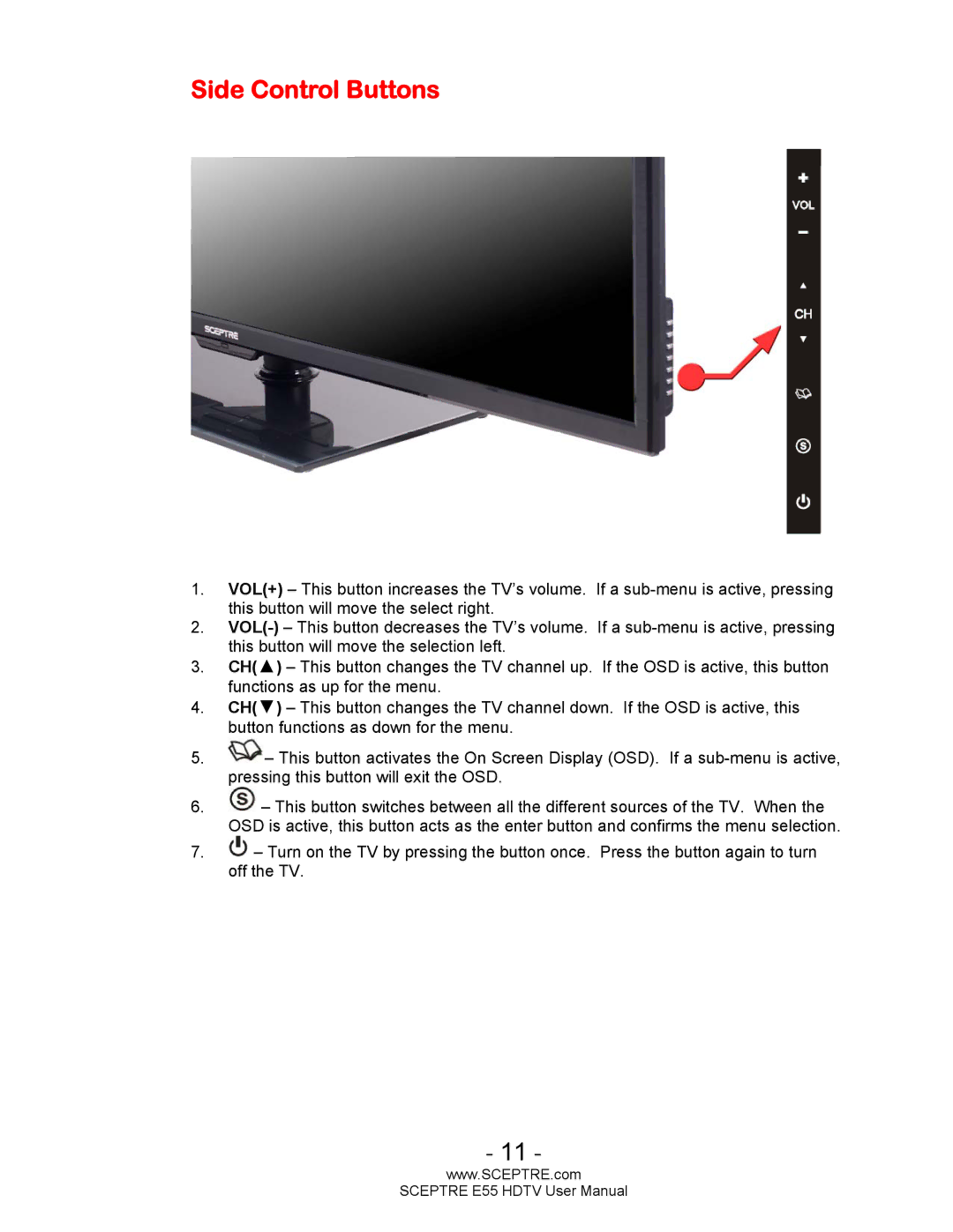 Sceptre Technologies E55 user manual Side Control Buttons 