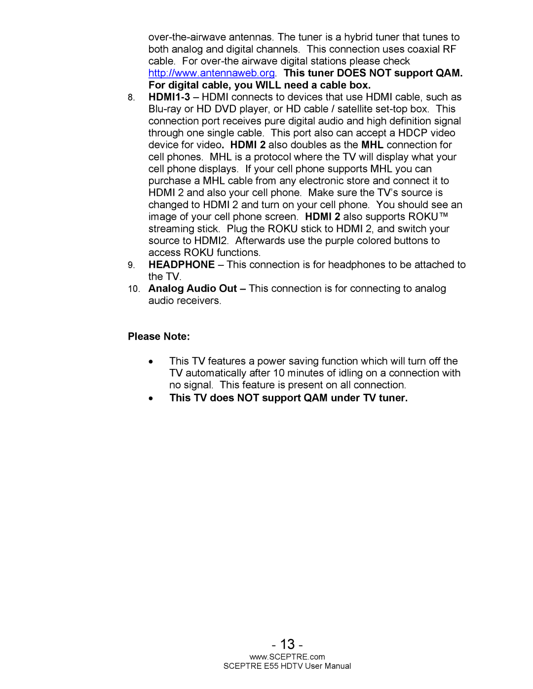 Sceptre Technologies E55 user manual This TV does not support QAM under TV tuner 