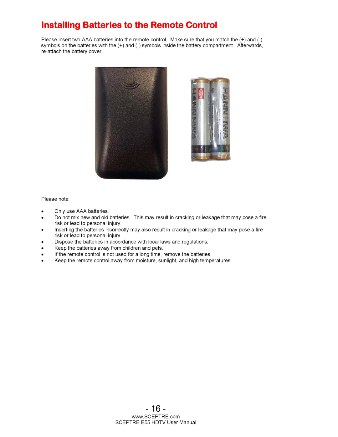 Sceptre Technologies E55 user manual Installing Batteries to the Remote Control 