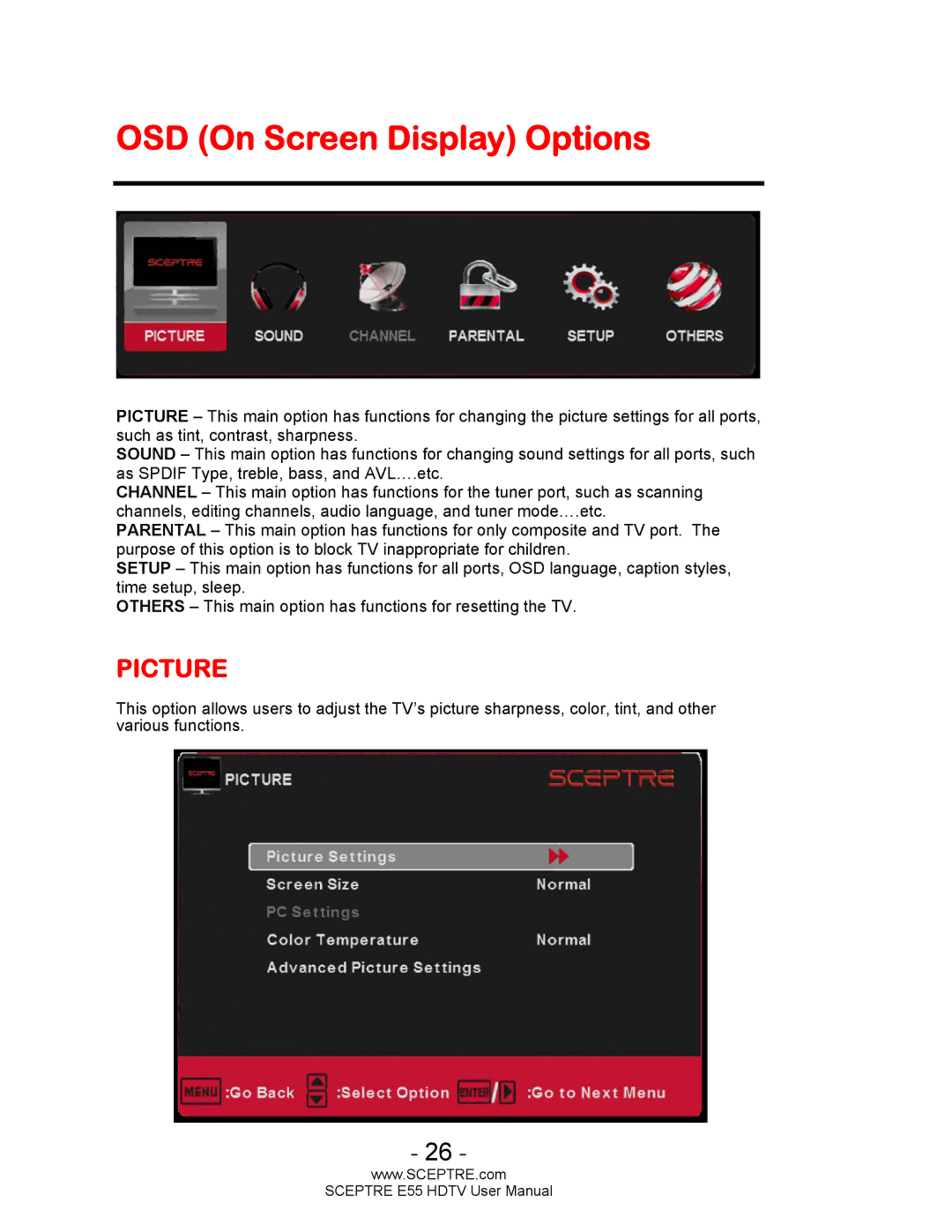 Sceptre Technologies E55 user manual OSD On Screen Display Options, Picture 