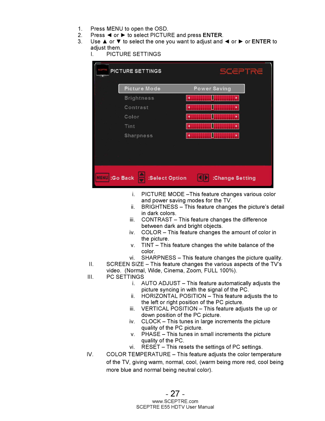 Sceptre Technologies E55 user manual Picture Settings, III. PC Settings 