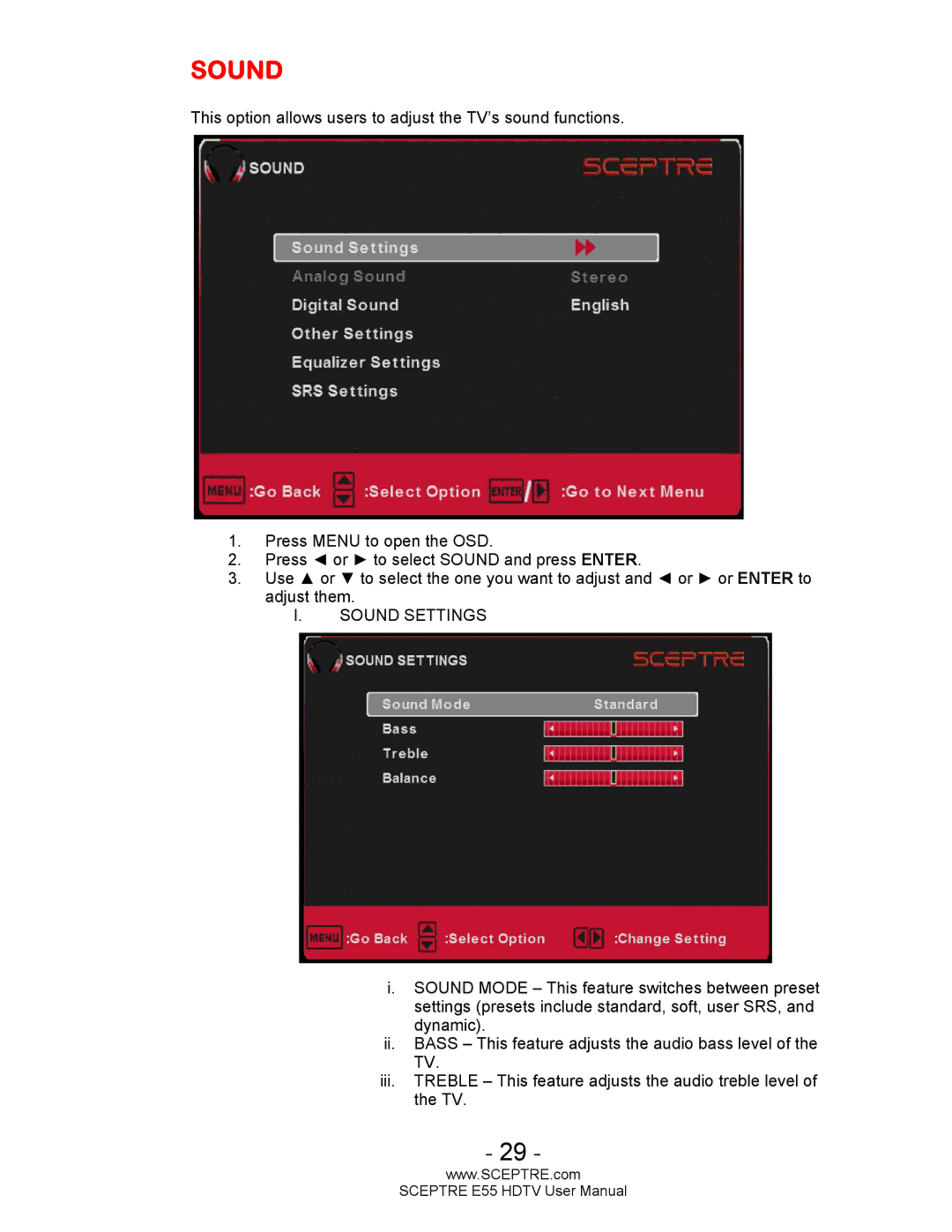 Sceptre Technologies E55 user manual Sound Settings 