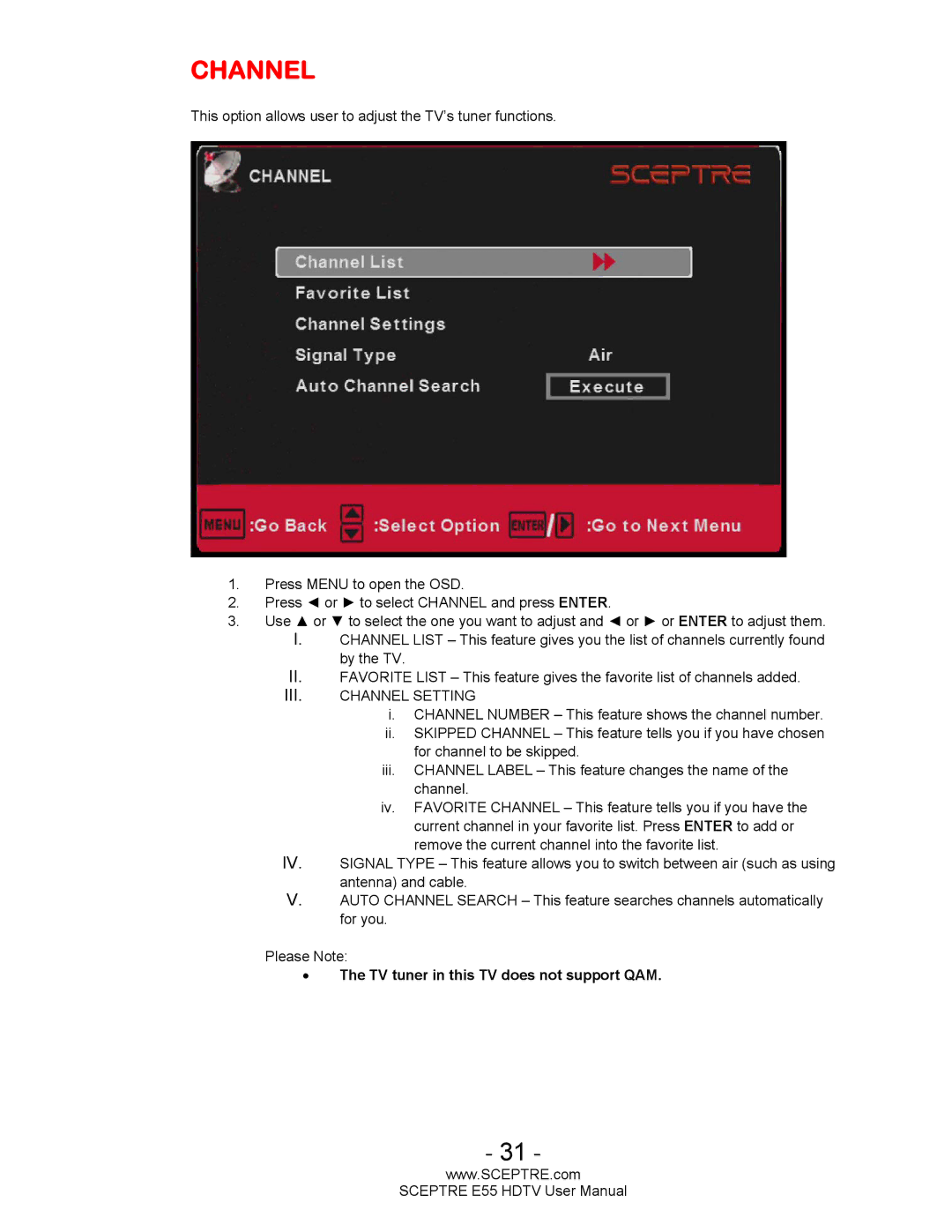 Sceptre Technologies E55 user manual III. Channel Setting 