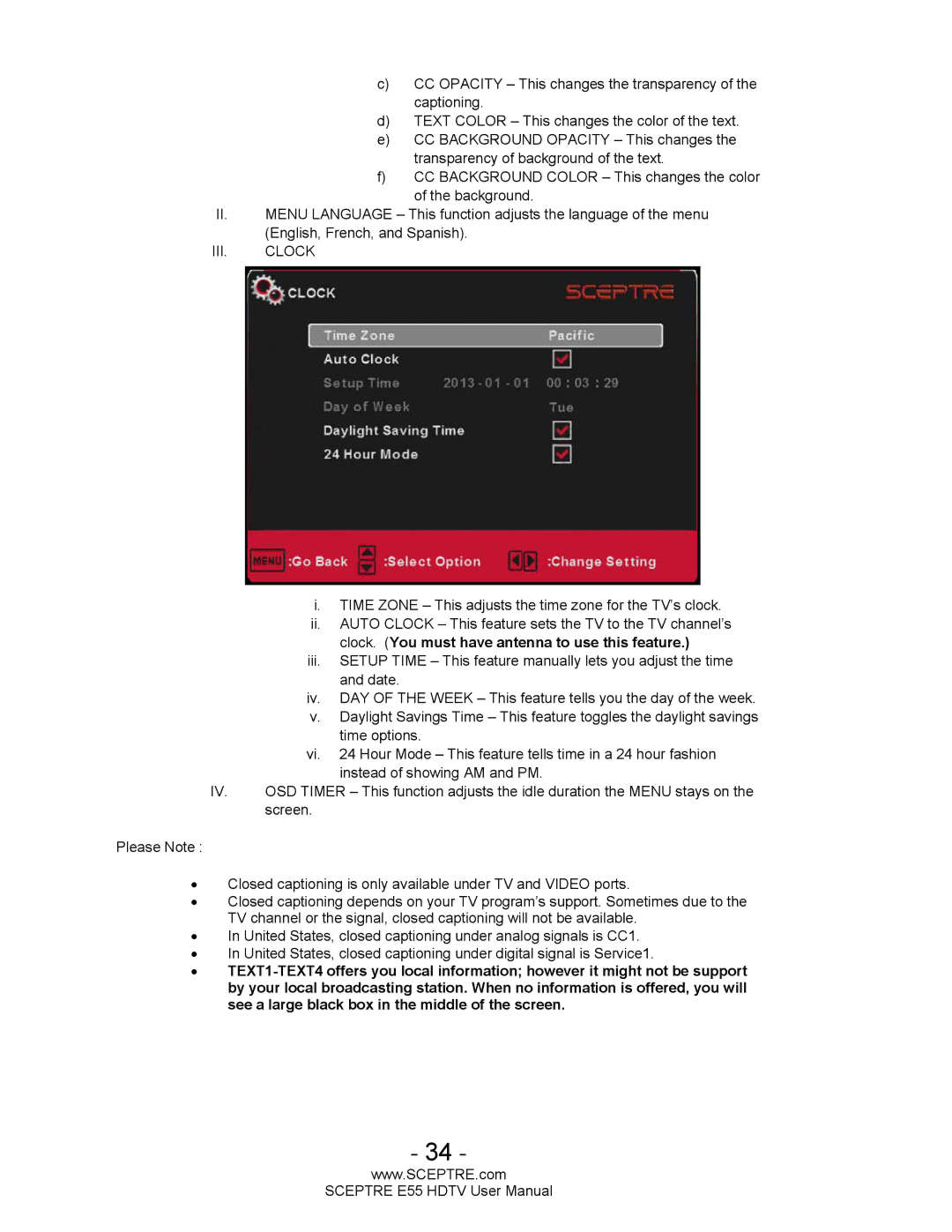 Sceptre Technologies E55 user manual Clock. You must have antenna to use this feature 