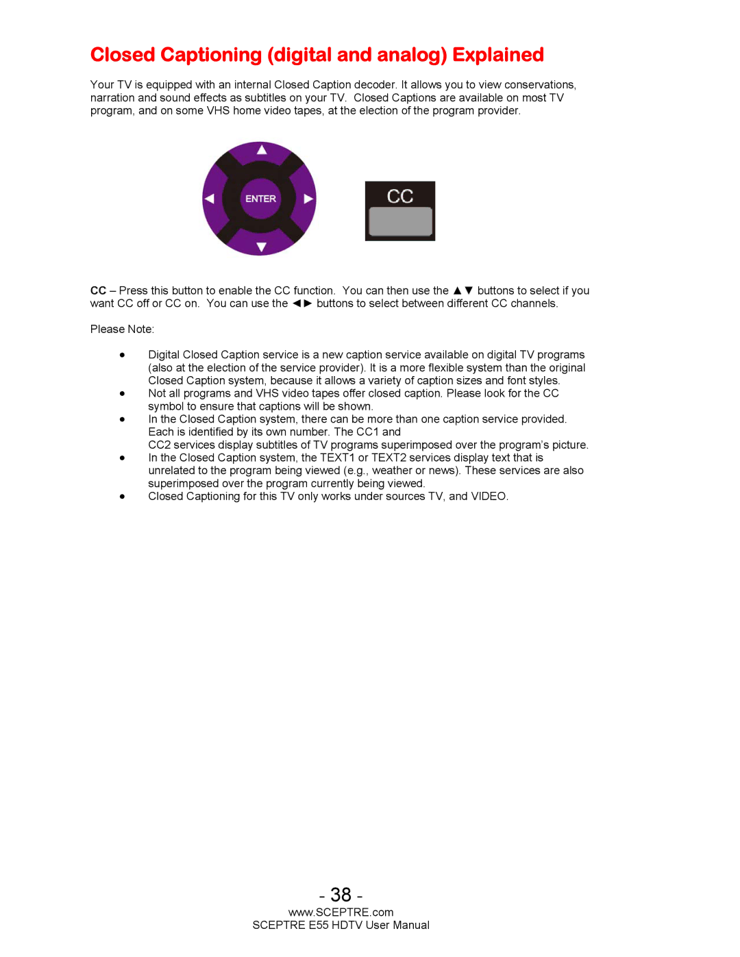 Sceptre Technologies E55 user manual Closed Captioning digital and analog Explained 