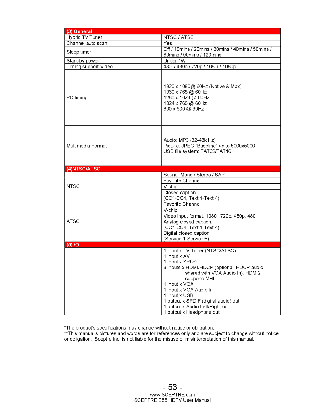 Sceptre Technologies E55 user manual 4NTSC/ATSC 